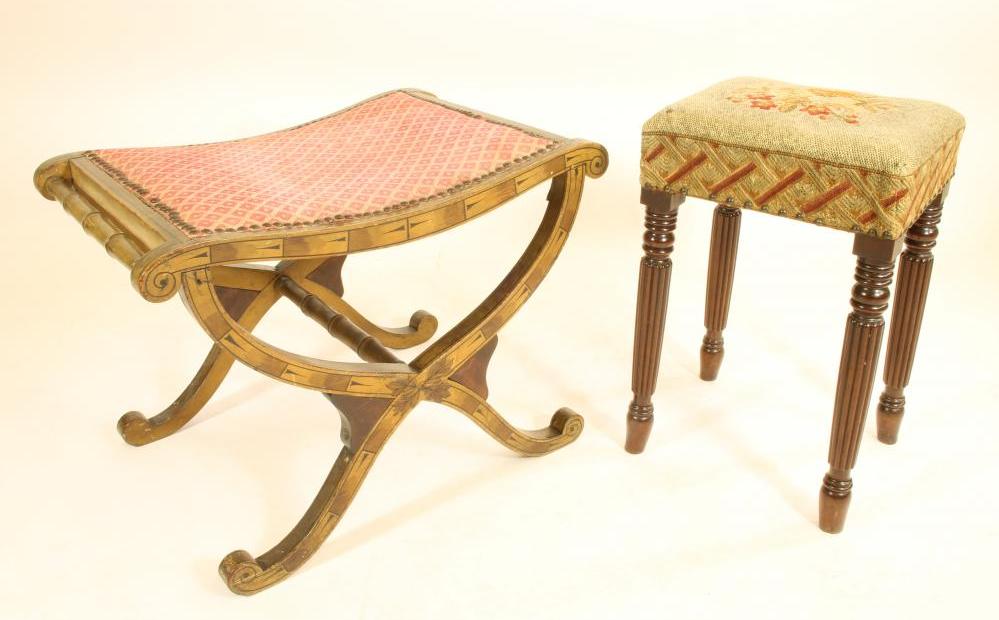 A REGENCY PAINTED X FRAMED STOOL of dished oblong form with faux bamboo side handles Image
