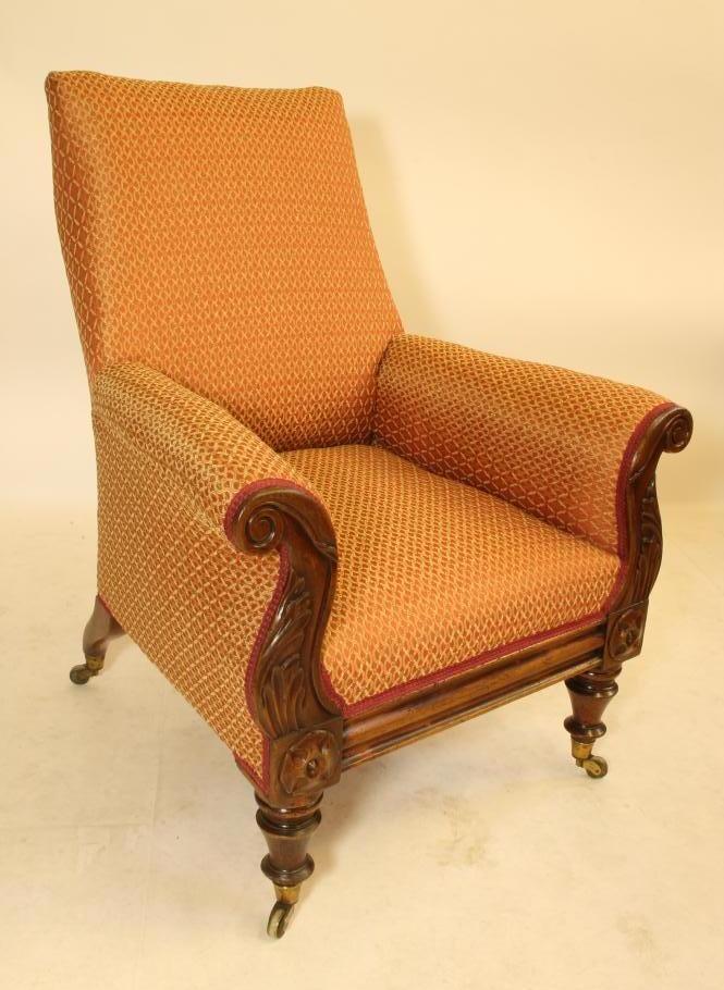 A GEORGE IV MAHOGANY FRAMED ARMCHAIR upholstered in a rust weave Image