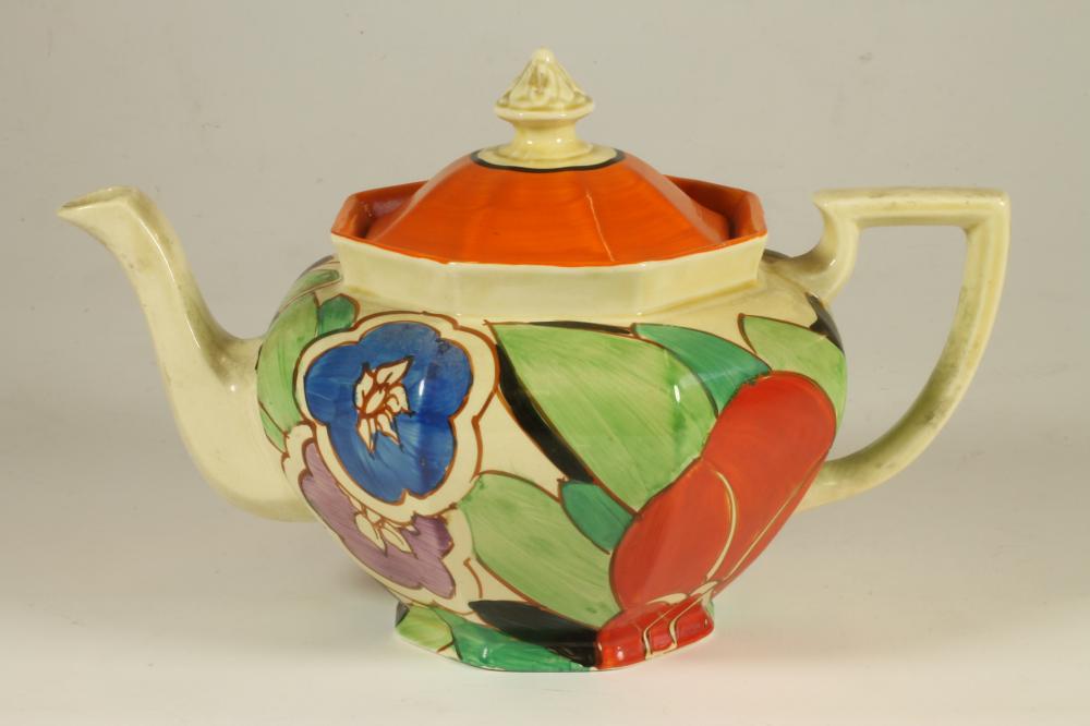 A CLARICE CLIFF FANTASQUE BIZARRE NEWPORT POTTERY TEAPOT AND COVER Image