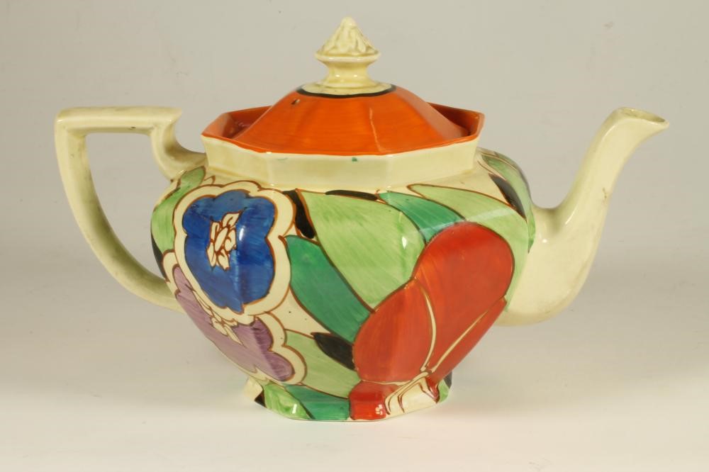 A CLARICE CLIFF FANTASQUE BIZARRE NEWPORT POTTERY TEAPOT AND COVER Image