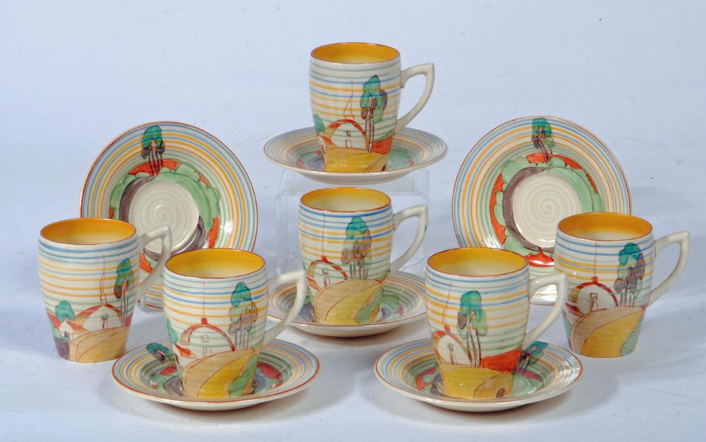 A SET OF SIX CLARICE CLIFF NEWPORT POTTERY COFFEE CUPS AND SAUCERS Image