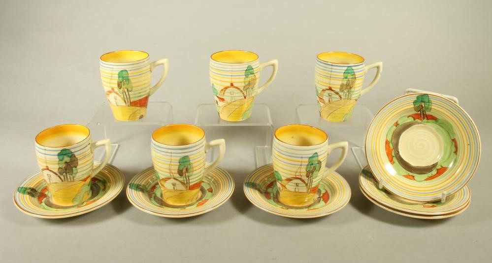 A SET OF SIX CLARICE CLIFF NEWPORT POTTERY COFFEE CUPS AND SAUCERS Image