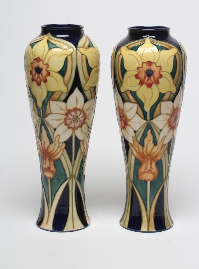 A PAIR OF MOORCROFT POTTERY DAFFODIL PATTERN VASES Image