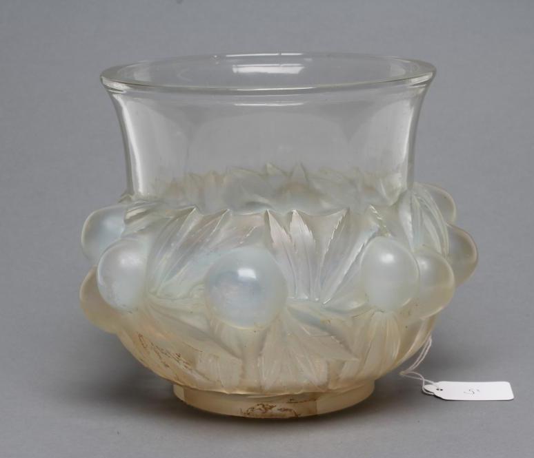 A LALIQUE PALE BLUE OPALESCENT GLASS PRUNES PATTERN VASE Image