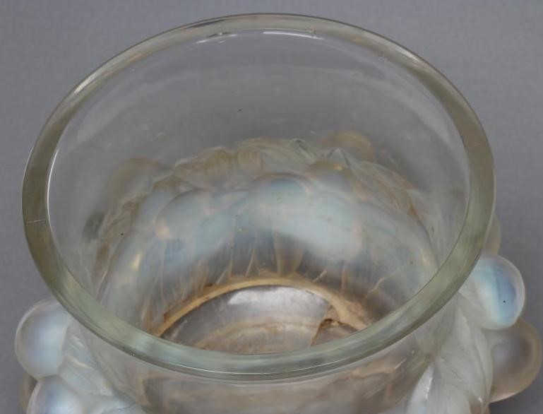 A LALIQUE PALE BLUE OPALESCENT GLASS PRUNES PATTERN VASE Image