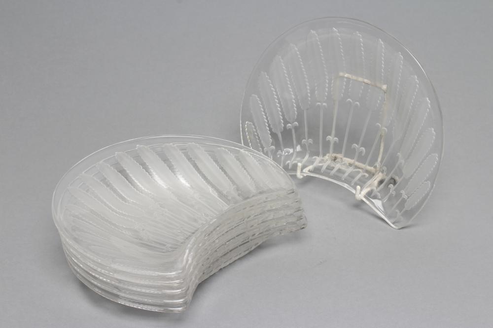 A SET OF SIX LALIQUE CLEAR GLASS CRESCENT HORS D'OEUVRES DISHES moulded and frosted with ears of Image