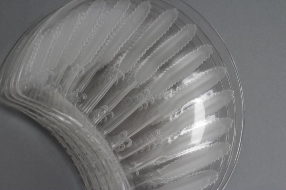 A SET OF SIX LALIQUE CLEAR GLASS CRESCENT HORS D'OEUVRES DISHES moulded and frosted with ears of Image