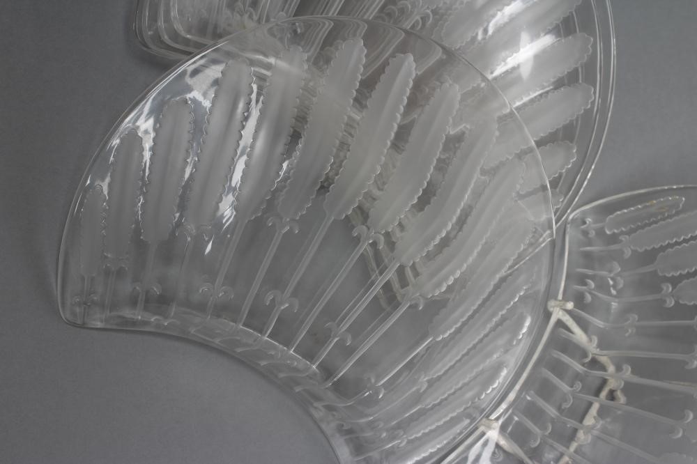 A SET OF SIX LALIQUE CLEAR GLASS CRESCENT HORS D'OEUVRES DISHES moulded and frosted with ears of Image