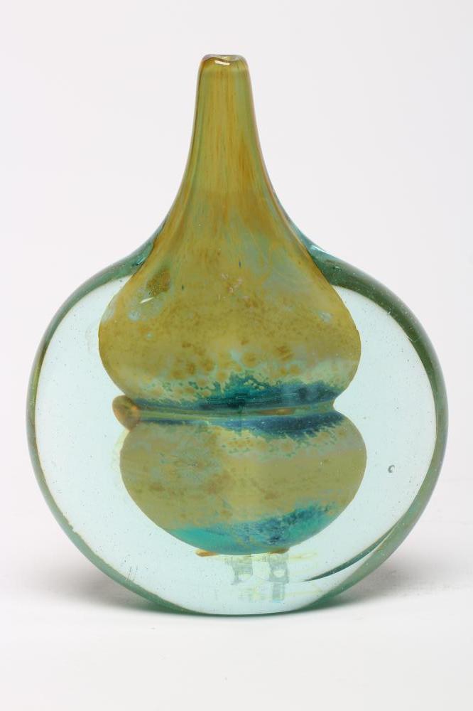 A M'DINA GLASS AXE-HEAD VASE of typical form with yellow and blue shaped interior to a green body Image
