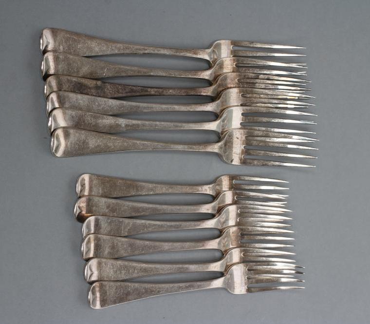 A SET OF SIX LATE GEORGE III SILVER OLD ENGLISH PATTERN TABLE FORKS Image