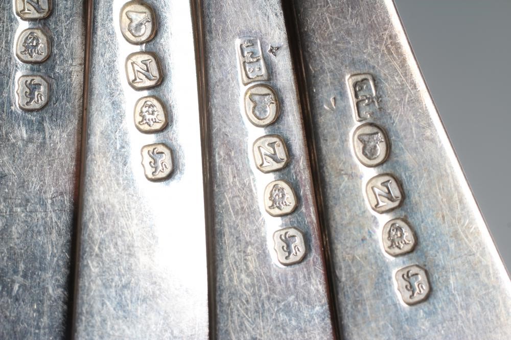 A SET OF SIX LATE GEORGE III SILVER OLD ENGLISH PATTERN TABLE FORKS Image