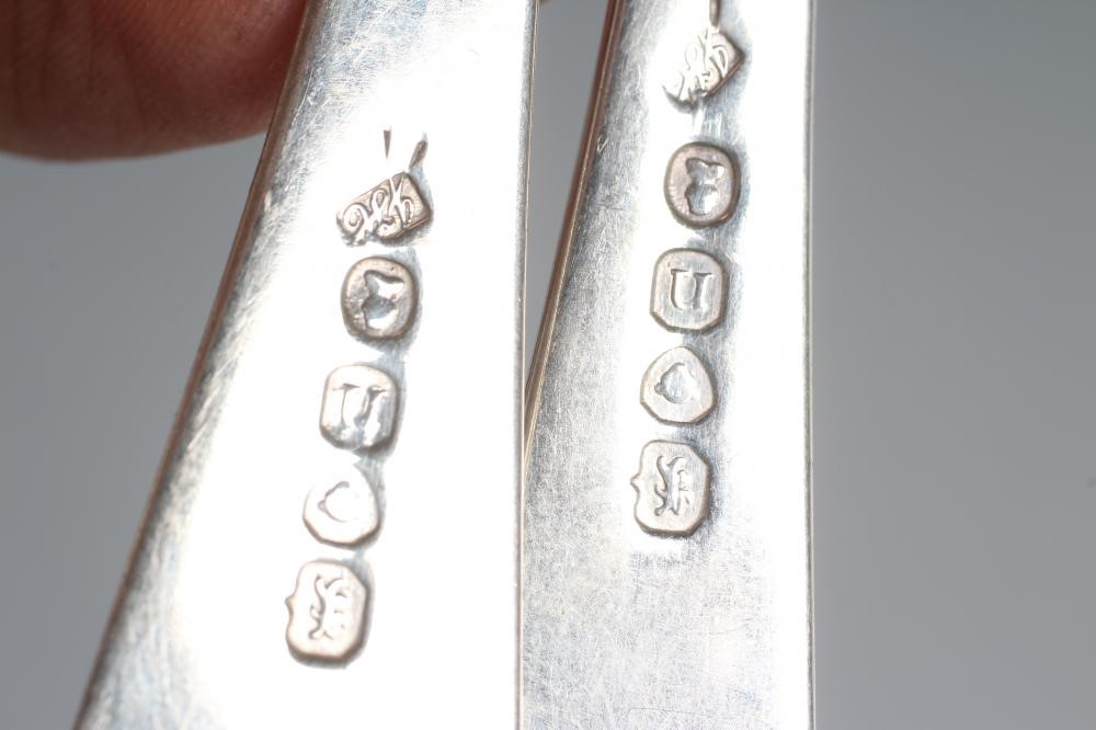 A SET OF SIX LATE GEORGE III SILVER OLD ENGLISH PATTERN TABLE FORKS Image