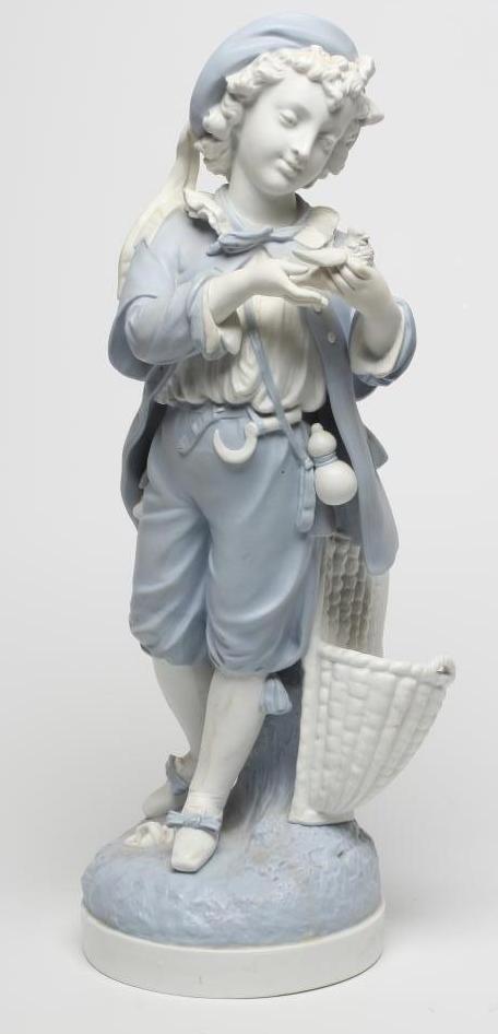 A VICTORIAN PARIAN FIGURE OF A VINTAGER holding a dove and standing beside a grape hod Image
