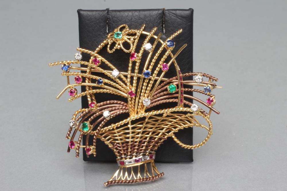 A MULTI-GEM SET BI-COLOUR BASKET BROOCH set with diamonds Image