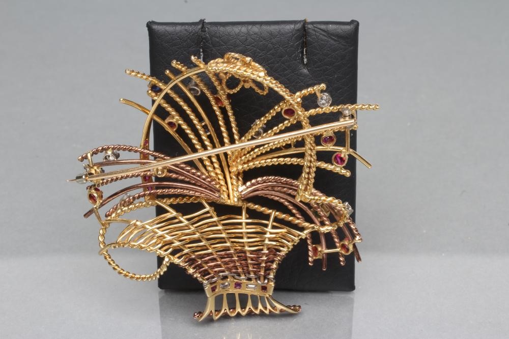 A MULTI-GEM SET BI-COLOUR BASKET BROOCH set with diamonds Image
