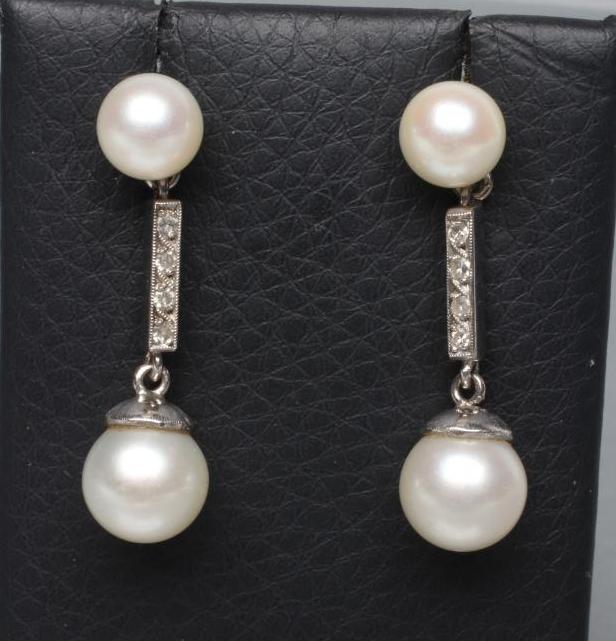 A PAIR OF CULTURED PEARL DROP STUD EARRINGS Image