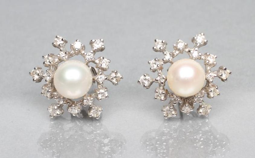A PAIR OF DIAMOND AND PEARL STUD EARRINGS Image