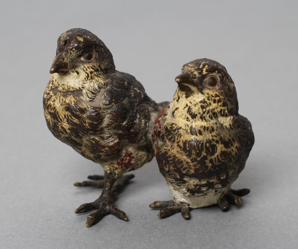 A SMALL COLD PAINTED VIENNA BRONZE OF TWO CHICKS Image