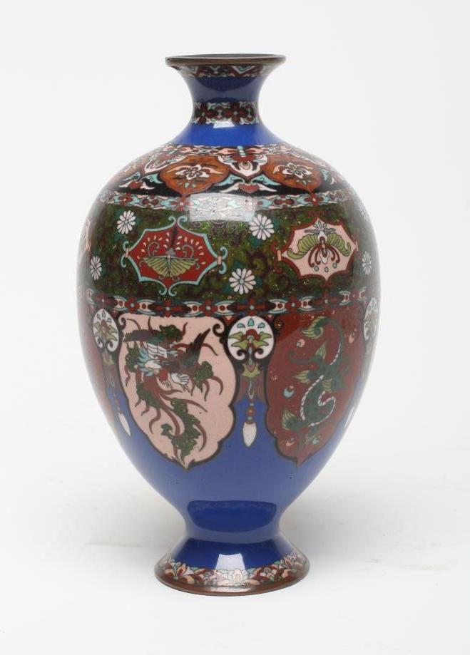 A CHINESE CLOISONNE ENAMEL VASE of ovoid form with aventurine and pale pink minaret panels enclosing Image