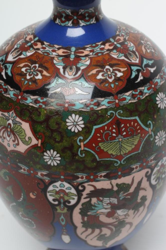 A CHINESE CLOISONNE ENAMEL VASE of ovoid form with aventurine and pale pink minaret panels enclosing Image