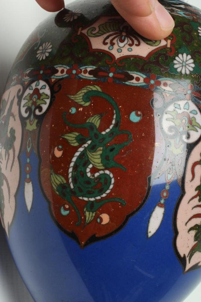 A CHINESE CLOISONNE ENAMEL VASE of ovoid form with aventurine and pale pink minaret panels enclosing Image