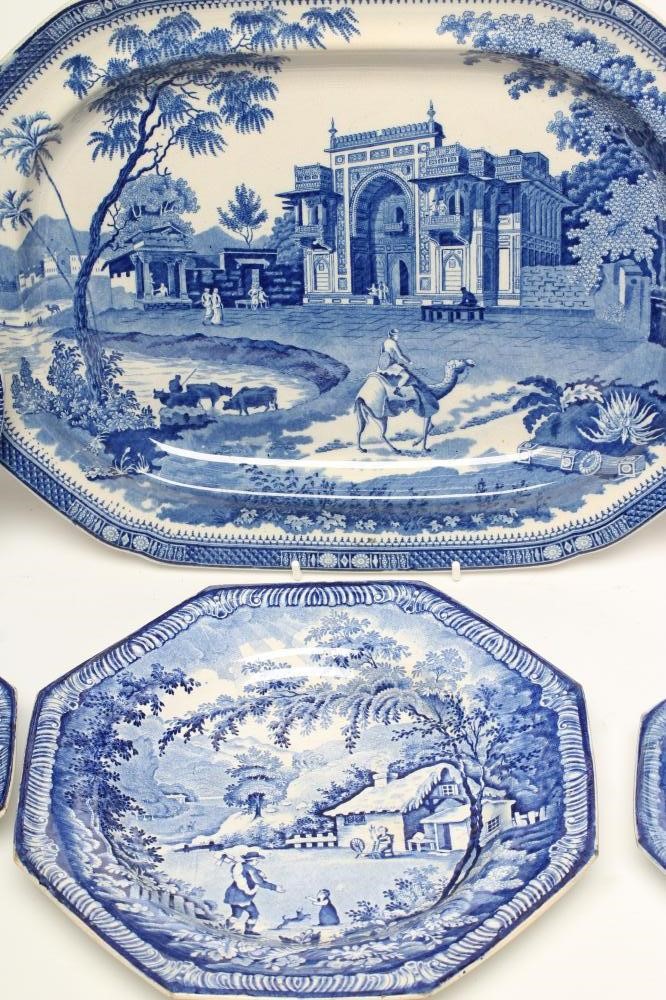 A PAIR OF BRAMELD PEARLWARE "RETURNING WOODMAN" PATTERN BLUE AND WHITE TEA PLATES Image