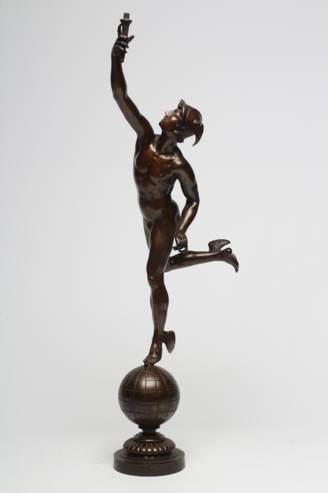 A BRONZE FIGURAL TABLE LAMP modelled as Mercury holding aloft a torch Image