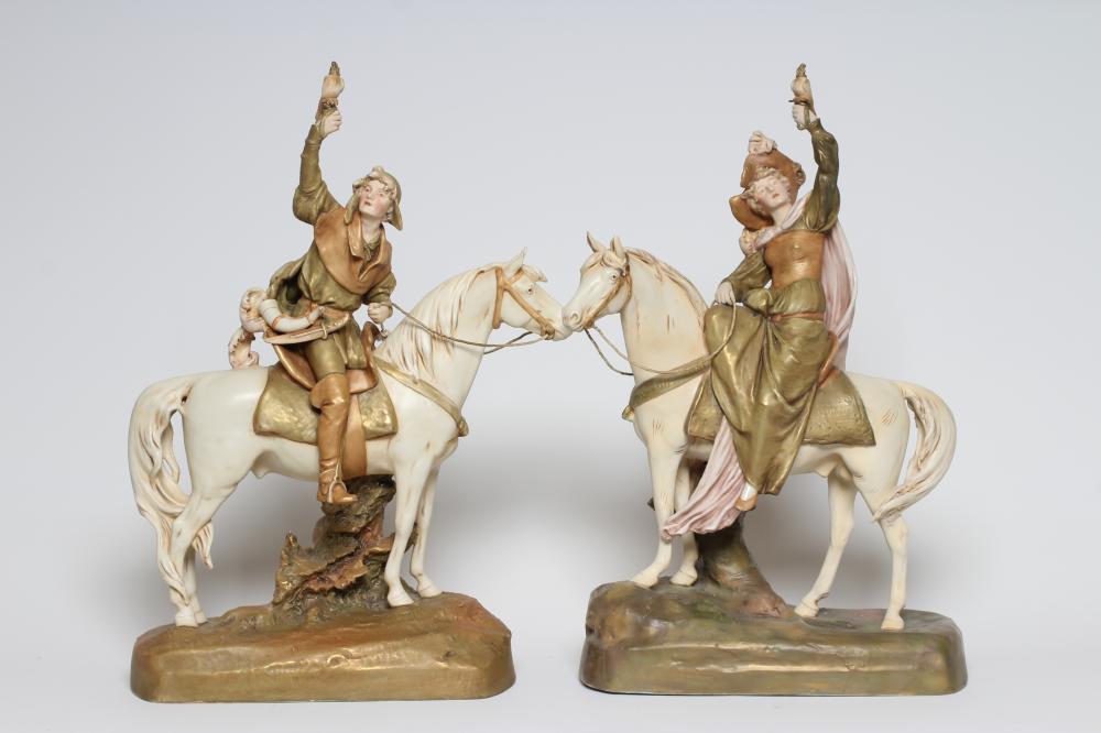 A PAIR OF ROYAL DUX EQUESTRIAN HAWKING FIGURES Image