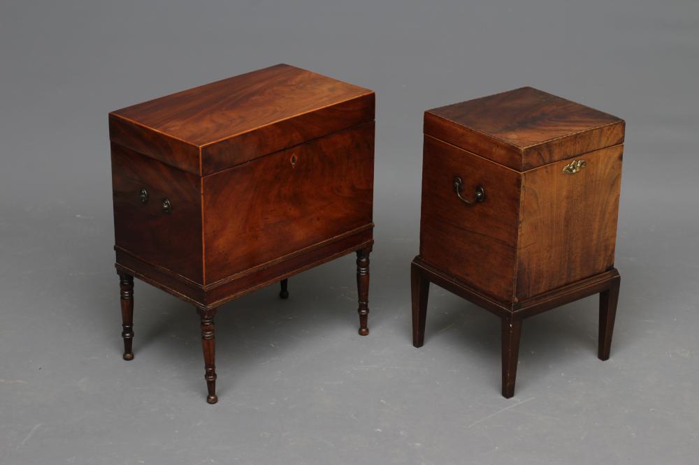 A LATE GEORGIAN MAHOGANY CELLARETTE of oblong form with brass carrying handles Image