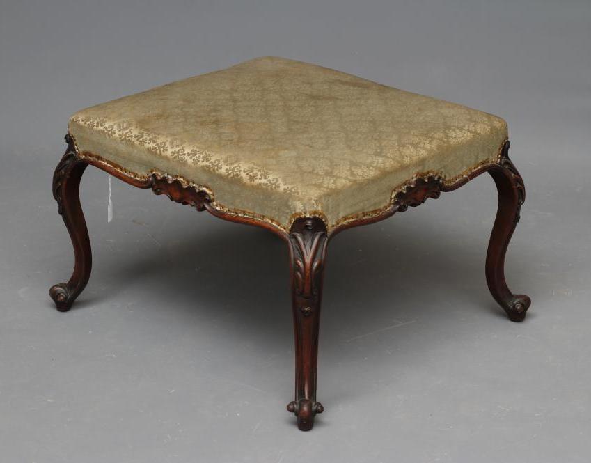 A VICTORIAN CARVED MAHOGANY DRESSING STOOL of oblong form upholstered in pale green silk damask Image