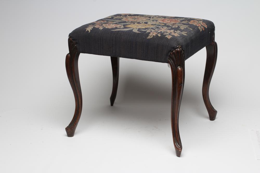 A VICTORIAN ROSEWOOD CARVED DRESSING STOOL of oblong form upholstered with a floral blue ground Image