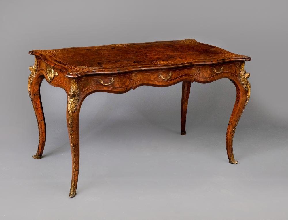 A VICTORIAN LOUIS XV STYLE BIRDS EYE MAPLE BUREAU PLAT with marquetry foliate sprays Image