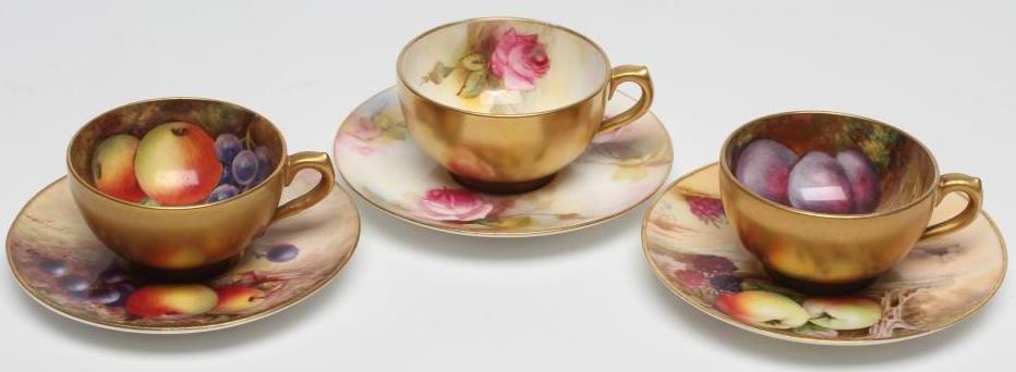 TWO ROYAL WORCESTER MINIATURE STILL LIFE PAINTED CABINET CUPS AND SAUCERS Image