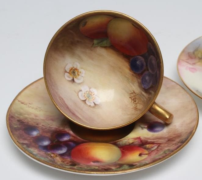TWO ROYAL WORCESTER MINIATURE STILL LIFE PAINTED CABINET CUPS AND SAUCERS Image