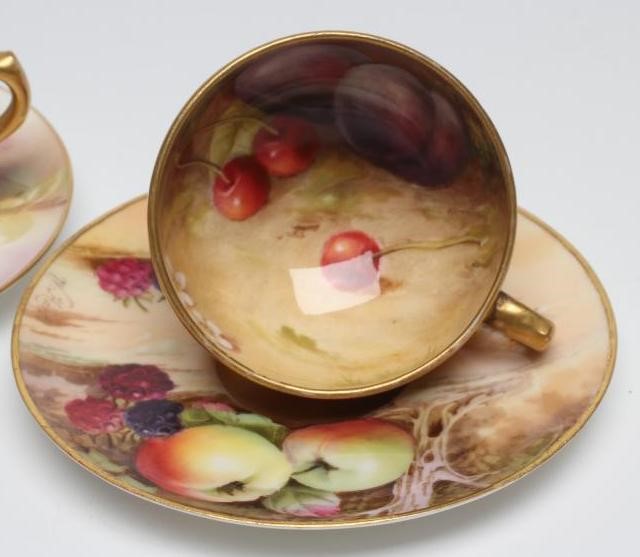 TWO ROYAL WORCESTER MINIATURE STILL LIFE PAINTED CABINET CUPS AND SAUCERS Image