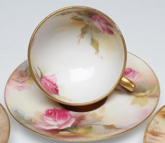 TWO ROYAL WORCESTER MINIATURE STILL LIFE PAINTED CABINET CUPS AND SAUCERS Image