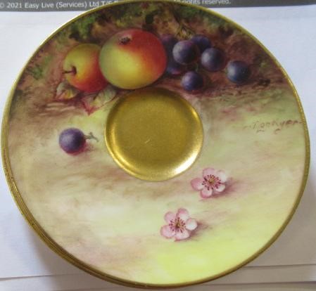 TWO ROYAL WORCESTER MINIATURE STILL LIFE PAINTED CABINET CUPS AND SAUCERS Image