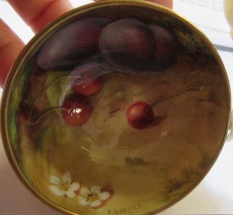 TWO ROYAL WORCESTER MINIATURE STILL LIFE PAINTED CABINET CUPS AND SAUCERS Image