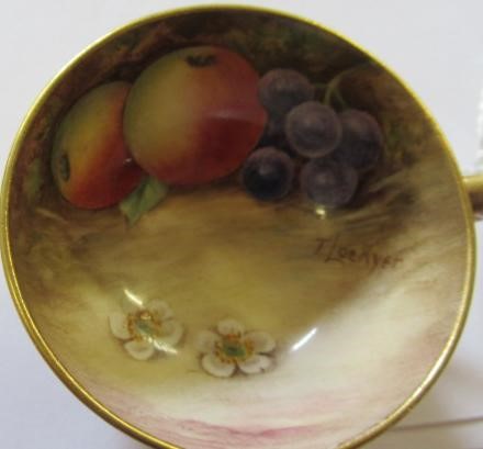 TWO ROYAL WORCESTER MINIATURE STILL LIFE PAINTED CABINET CUPS AND SAUCERS Image