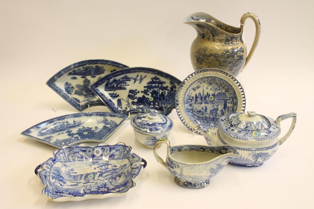 A QUANTITY OF BLUE AND WHITE PRINTED EARTHENWARE ITEMS including a "Piccolo Bent" dessert dish Image