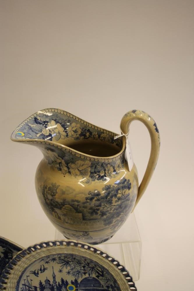 A QUANTITY OF BLUE AND WHITE PRINTED EARTHENWARE ITEMS including a "Piccolo Bent" dessert dish Image