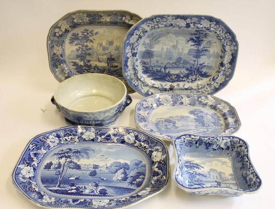 YORKSHIRE INTEREST BLUE AND WHITE PRINTED EARTHENWARE- An Adams "Denton Park" meat plate of canted Image