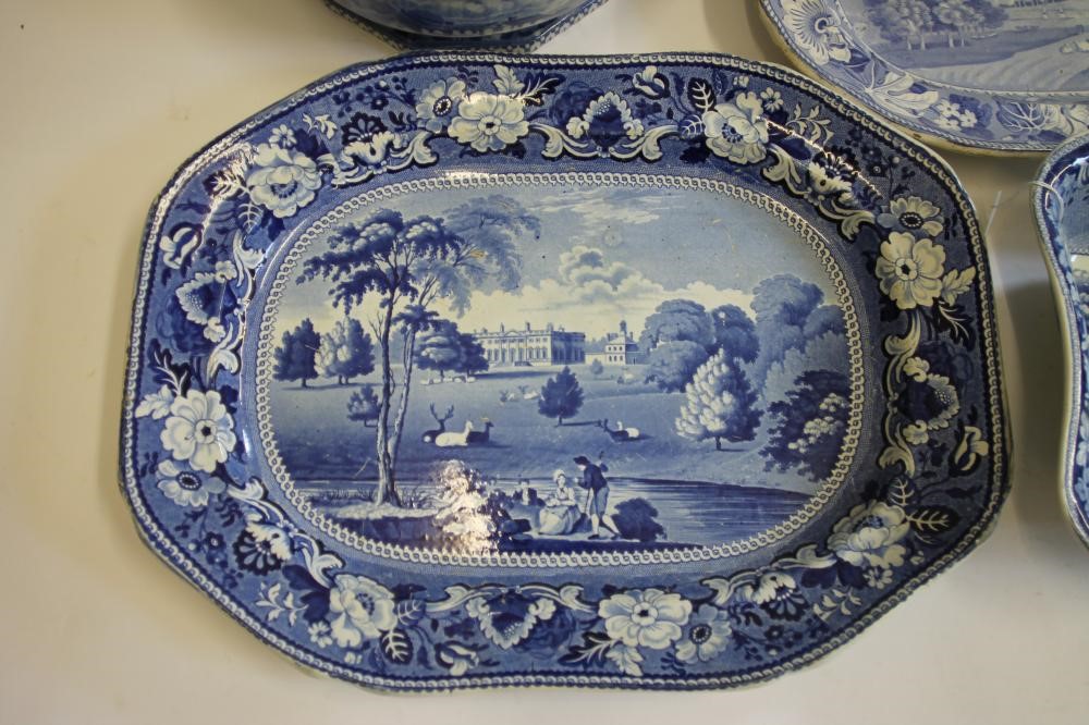 YORKSHIRE INTEREST BLUE AND WHITE PRINTED EARTHENWARE- An Adams "Denton Park" meat plate of canted Image