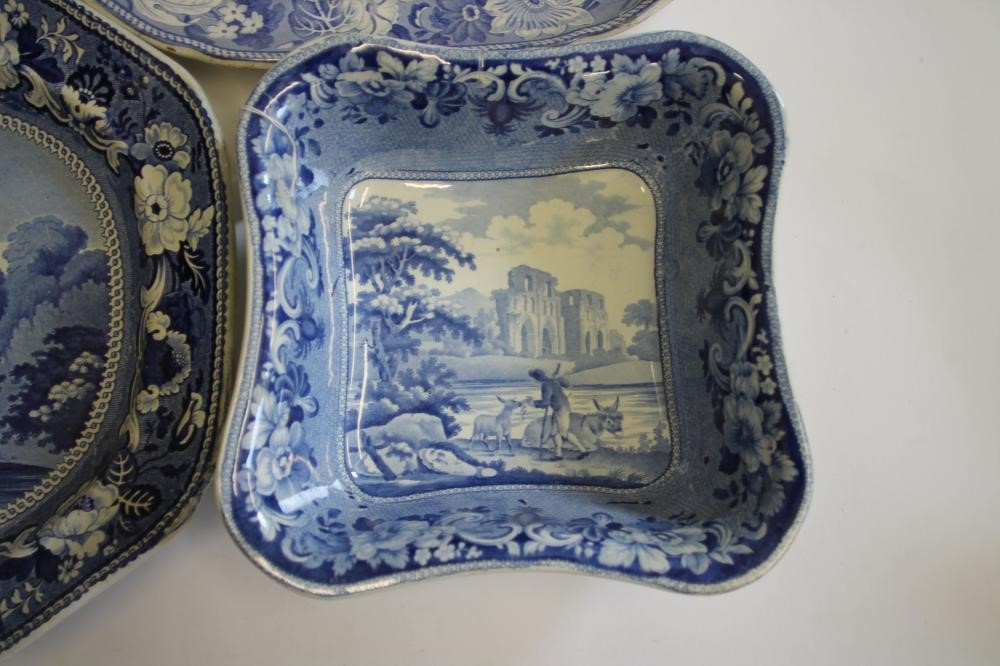 YORKSHIRE INTEREST BLUE AND WHITE PRINTED EARTHENWARE- An Adams "Denton Park" meat plate of canted Image