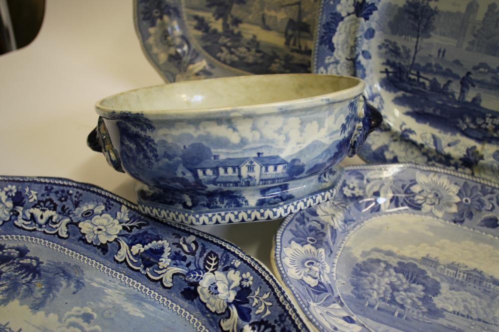 YORKSHIRE INTEREST BLUE AND WHITE PRINTED EARTHENWARE- An Adams "Denton Park" meat plate of canted Image
