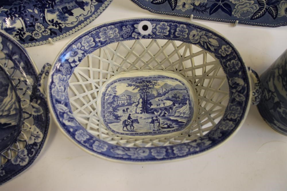 A COLLECTION OF FIVE BLUE AND WHITE PRINTED EARTHENWARE MUGS Image