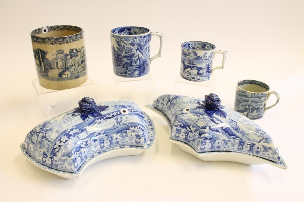 A COLLECTION OF FIVE BLUE AND WHITE PRINTED EARTHENWARE MUGS Image