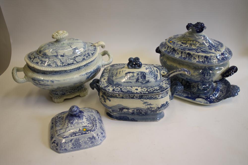 A QUANTITY OF BLUE AND WHITE PRINTED EARTHENWARE including a "Village Fisherman" tureen stand Image