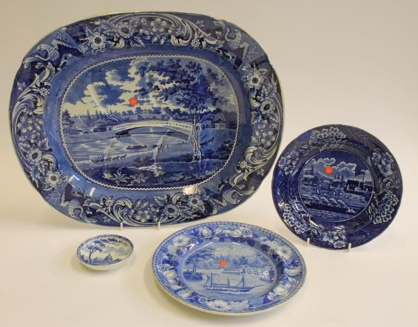 AMERICAN INTEREST BLUE AND WHITE PRINTED EARTHENWARE- An "Upper Ferry Bridge Over the River Image