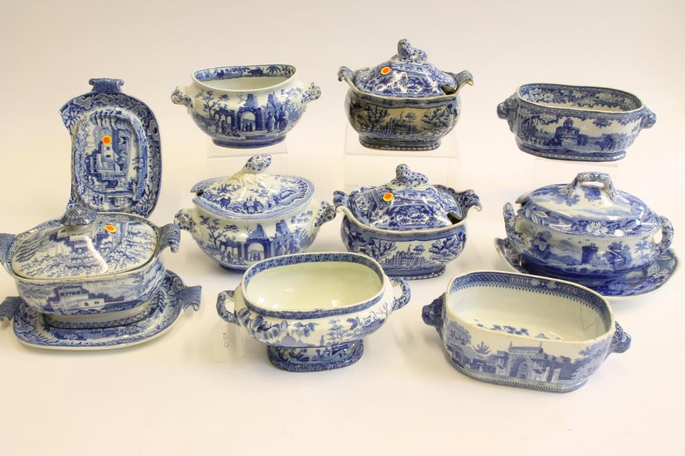 A COLLECTION OF BLUE AND WHITE PRINTED EARTHENWARE SAUCE TUREENS comprising two Spode "Entrance to Image